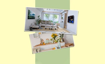 Eine Collage von Einrichtungsbildern. Auf einem ist ein Wohnzimmer, auf dem anderen eine Küche.